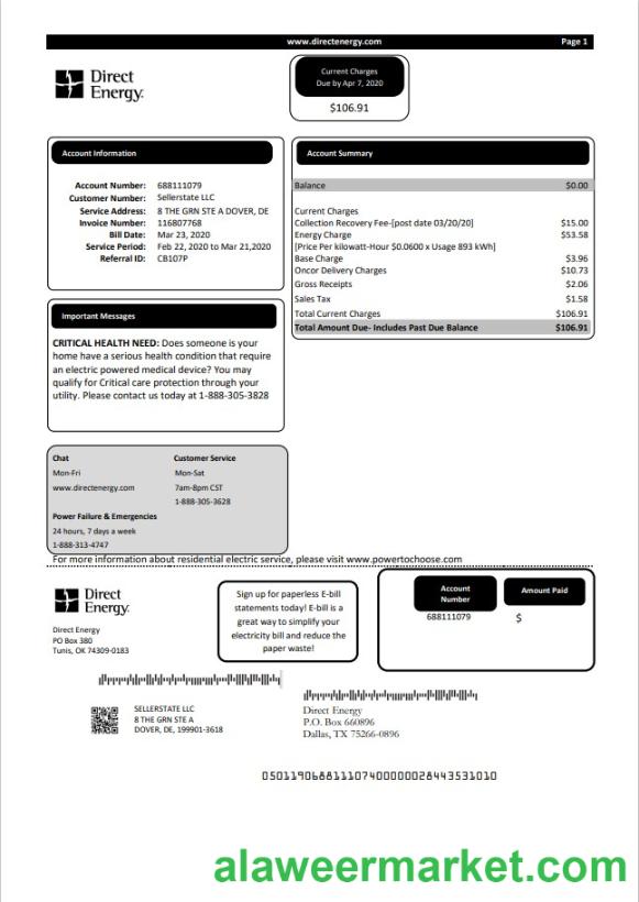 USA Texas Direct Energy utility bill template in Word and PDF format